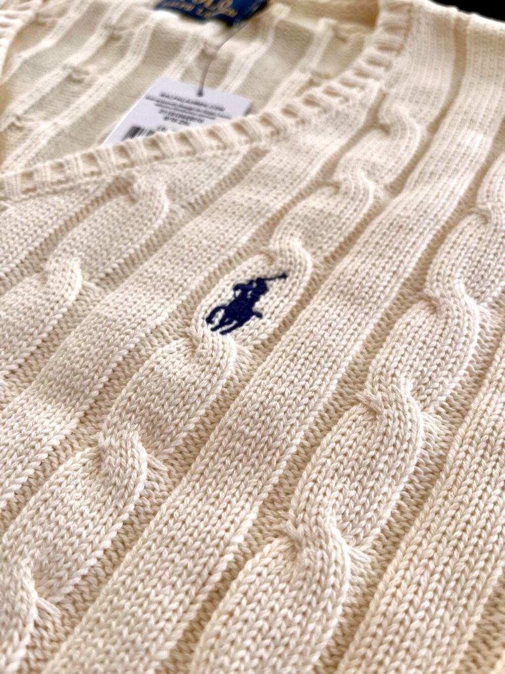 Polo by Ralph Lauren Cream Cable-Knit V-Neck Sweater with Navy Pony - Picture 3 of 7